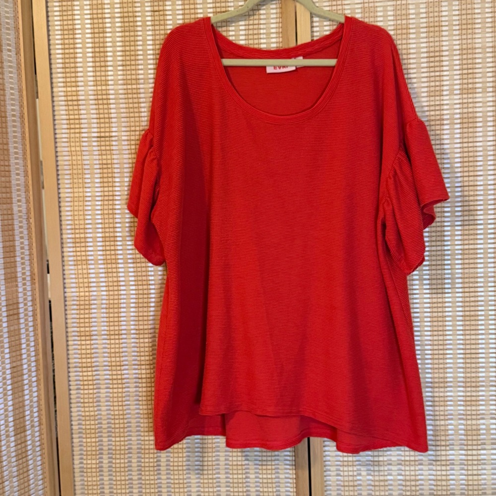 EVRI Womens 2X Orange Red Textured Ruffle Sleeve Scoop Neck Top High Low Hem